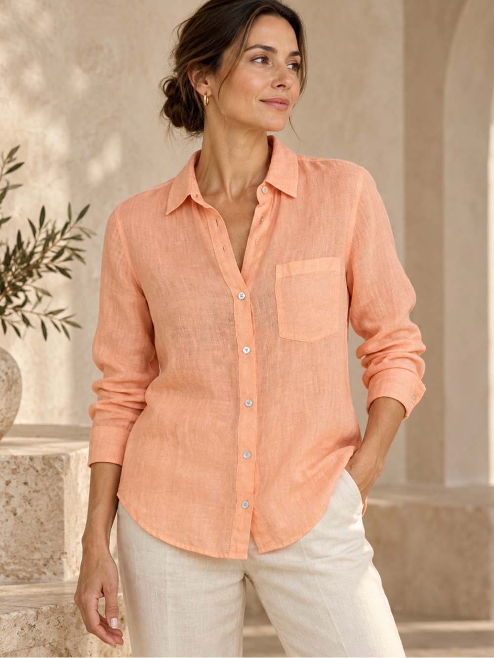 Bella Dahl Peach Linen Button Down Shirt Medium Long Sleeve Relaxed Fit